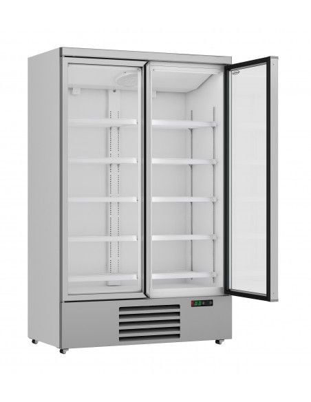 Réfrigérateur 1000 litres sur roues avec 2 portes en verre battantes et 8 étagères, +0°/+10°C