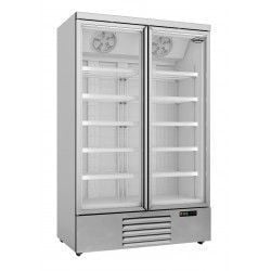 Congélateur 1000 litres sur roues avec 2 portes en verre battantes et 8 étagères, -18°/-22°C