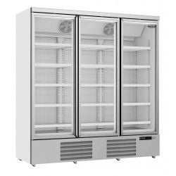 Congélateur 1450 litres sur roues avec 2 portes en verre battantes et 12 étagères, -18°/-22°C