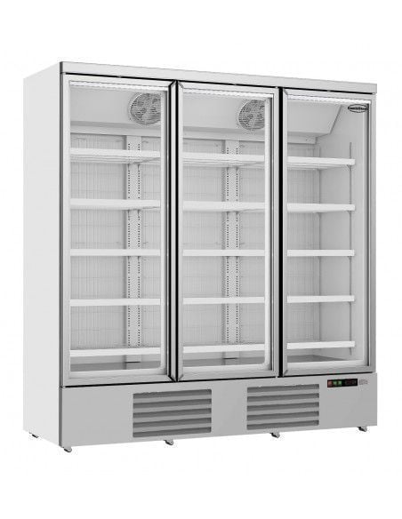 Congélateur 1450 litres sur roues avec 2 portes en verre battantes et 12 étagères, -18°/-22°C