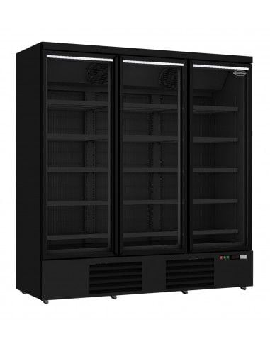Congélateur 1450 litres sur roues avec 2 portes en verre battantes et 12 étagères, -18°/-22°C