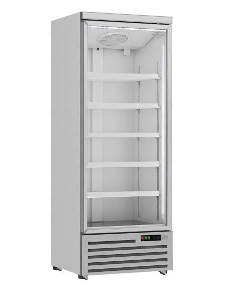Réfrigérateur 600 litres sur roues avec 1 porte en verre battantes et 4 étagères, +0°/+10°C