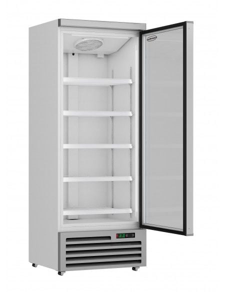 Réfrigérateur 600 litres sur roues avec 1 porte en verre battantes et 4 étagères, +0°/+10°C