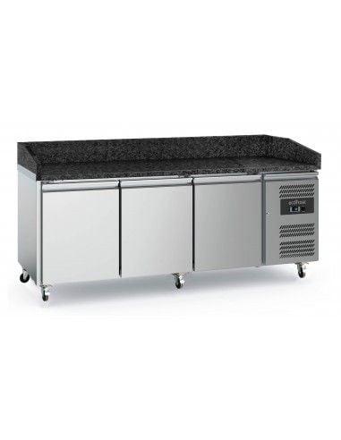 TABLE PRÉP POUR PIZZA 3 PORTES GRANIT  AVEC ROUES