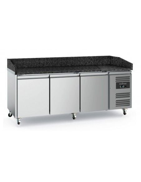 TABLE PRÉP POUR PIZZA 3 PORTES GRANIT  AVEC ROUES