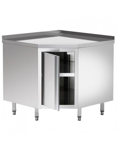 Table armoire basse neutre, a angle, avec porte battante, avec dosseret, 900x600 mm