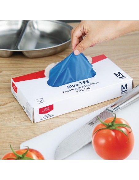 Gants alimentaires en TPE non poudrés bleus Nisbets Essentials M (lot de 200)