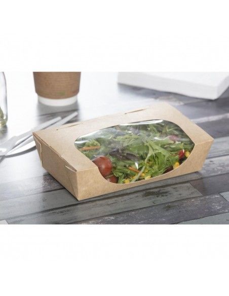 Barquettes à salade kraft recyclables avec fenêtre 1000ml (lot de 200)