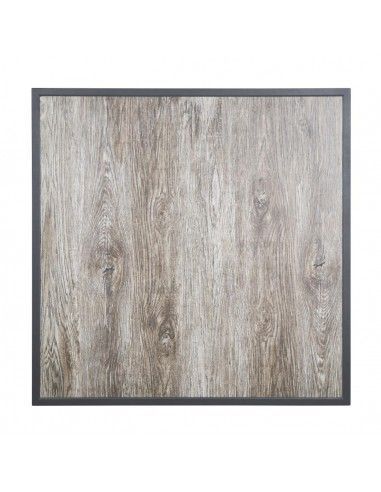 Plateau de table extérieur carré en verre trempé Bolero effet grain de bois bord gris 700 mm