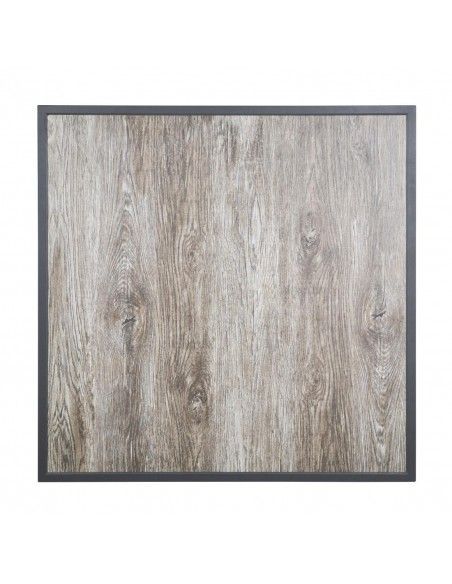 Plateau de table extérieur carré en verre trempé Bolero effet grain de bois bord gris 700 mm