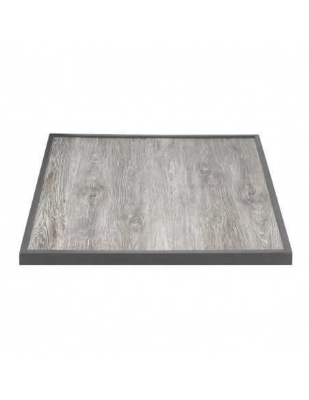 Plateau de table extérieur carré en verre trempé Bolero effet grain de bois bord gris 700 mm