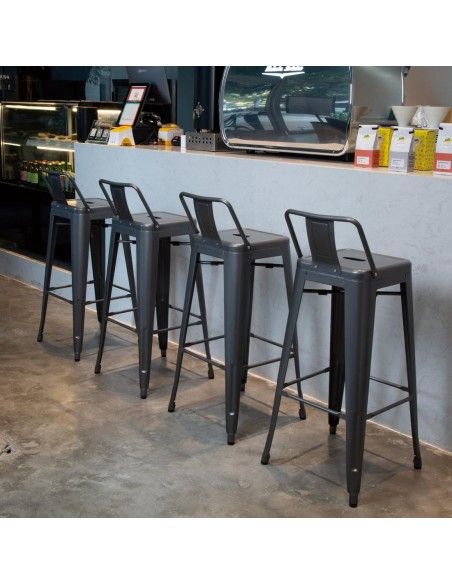 Tabourets hauts en acier gris métal avec dossier Bolero Bistro (lot de 4)