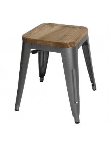 Tabourets bistro bas en acier gris métal avec assise en bois Bolero (lot de 4)