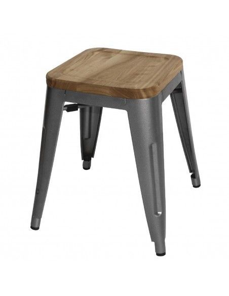 Tabourets bistro bas en acier gris métal avec assise en bois Bolero (lot de 4)
