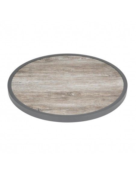 Plateau de table extérieur rond en verre trempé Bolero effet grain de bois bord gris 580mm