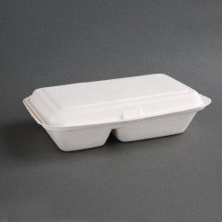 Boîtes 2 compartiments avec couvercle à charnière compostables en bagasse Fiesta Compostable 253mm (lot de 200)