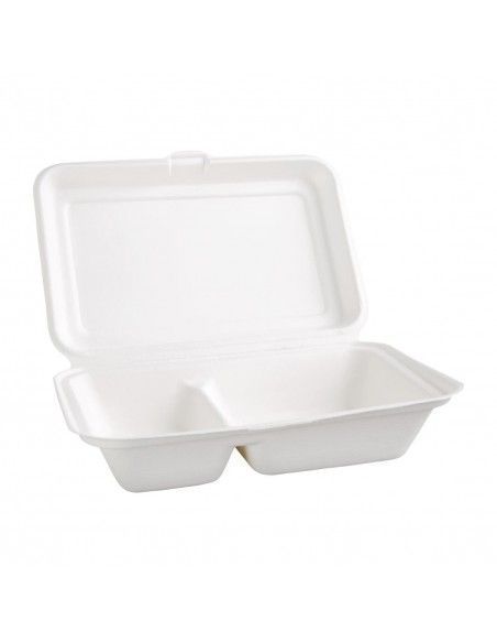 Boîtes 2 compartiments avec couvercle à charnière compostables en bagasse Fiesta Compostable 253mm (lot de 200)