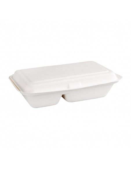 Boîtes 2 compartiments avec couvercle à charnière compostables en bagasse Fiesta Compostable 253mm (lot de 200)