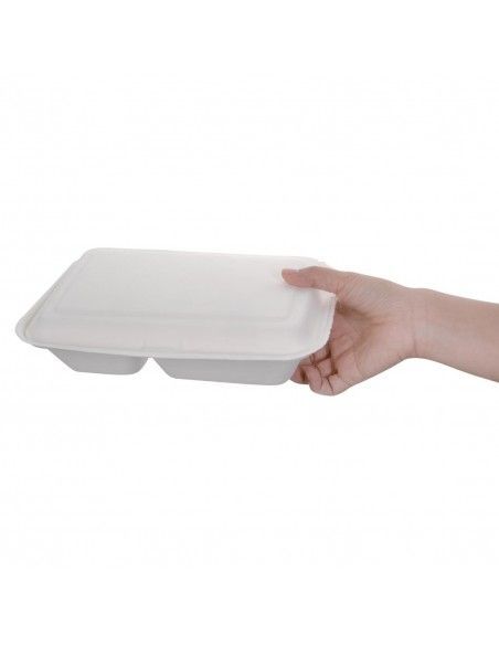 Boîtes 2 compartiments avec couvercle à charnière compostables en bagasse Fiesta Compostable 253mm (lot de 200)