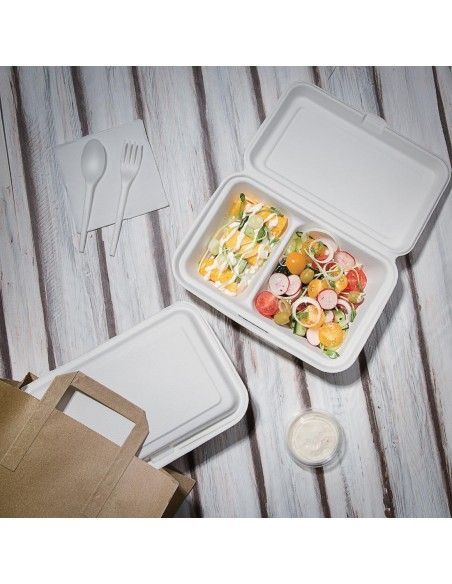 Boîtes 2 compartiments avec couvercle à charnière compostables en bagasse Fiesta Compostable 253mm (lot de 200)