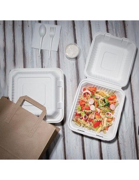 Boîtes avec couvercle à charnière Recyclables en bagasse Fiesta Recyclable 223mm (lot de 200)