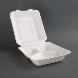 Boîtes 3 compartiments avec couvercle à charnière compostables en bagasse Fiesta Compostable 201mm (lot de 200) 2