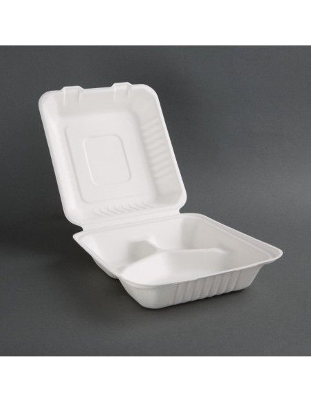 Boîtes 3 compartiments avec couvercle à charnière compostables en bagasse Fiesta Compostable 201mm (lot de 200)