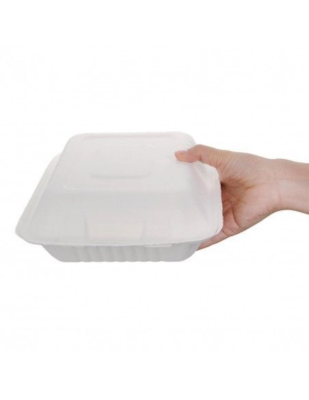 Boîtes 3 compartiments avec couvercle à charnière compostables en bagasse Fiesta Compostable 201mm (lot de 200)