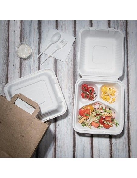 Boîtes 3 compartiments avec couvercle à charnière compostables en bagasse Fiesta Compostable 201mm (lot de 200)