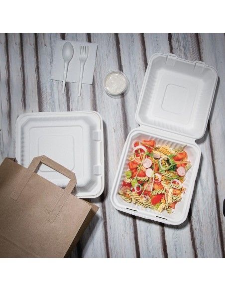 Boîtes avec couvercle à charnière Recyclables en bagasse Fiesta Recyclable 236mm (lot de 200)