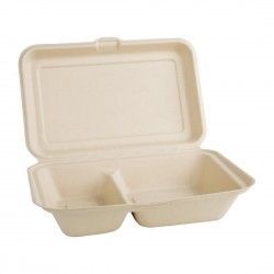 Boîtes 2 compartiments avec couvercle à charnière compostables en bagasse coloris naturel Fiesta Compostable 253mm (lot de 200) 2