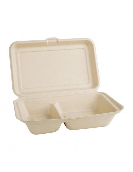 Boîtes 2 compartiments avec couvercle à charnière compostables en bagasse coloris naturel Fiesta Compostable 253mm (lot de 200)