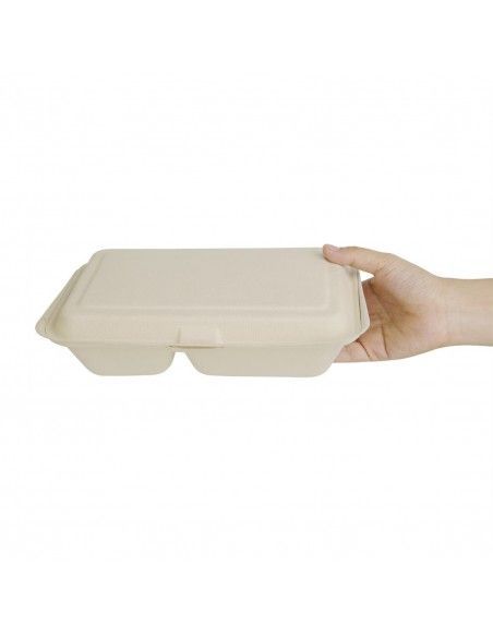 Boîtes 2 compartiments avec couvercle à charnière compostables en bagasse coloris naturel Fiesta Compostable 253mm (lot de 200)