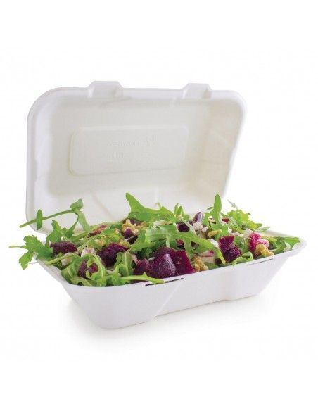 Boîtes repas en bagasse compostables avec couvercle à charnière Vegware 228mm (Lot de 200)