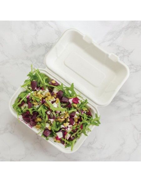 Boîtes repas en bagasse compostables avec couvercle à charnière Vegware 228mm (Lot de 200)