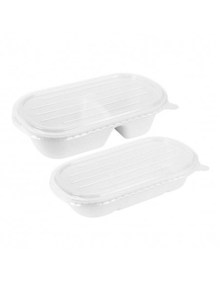 Barquettes ovales 2 compartiments en bagasse Fiesta Compostable 900ml (lot de 100)