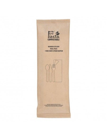 Sachets repas couverts en bois avec serviette Fiesta Compostable (lot de 250)