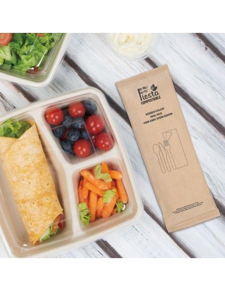 Sachets repas couverts en bois avec serviette Fiesta Compostable (lot de 250)
