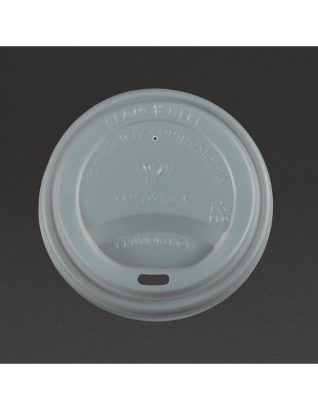 Couvercles compostables CPLA pour gobelets boissons chaudes Vegware 34 cl / 45,5 cl (lot de 1000)