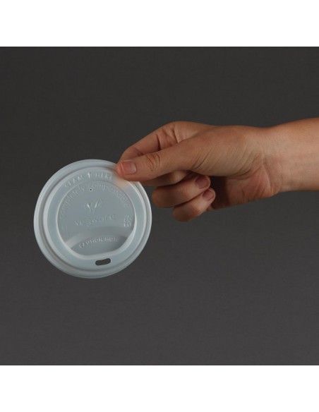 Couvercles compostables CPLA pour gobelets boissons chaudes Vegware 34 cl / 45,5 cl (lot de 1000)