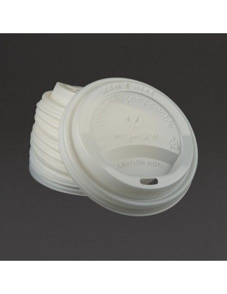 Couvercles compostables CPLA pour gobelets boissons chaudes Vegware 34 cl / 45,5 cl (lot de 1000)