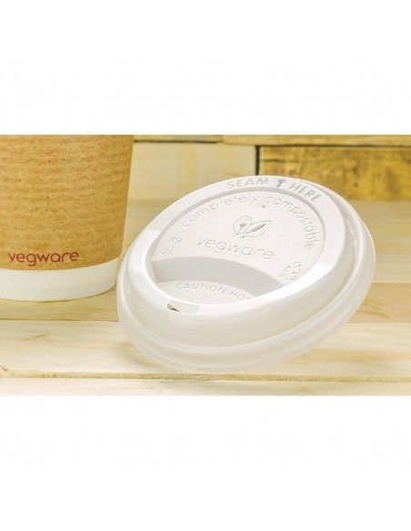 Couvercles compostables CPLA pour gobelets boissons chaudes Vegware 34 cl / 45,5 cl (lot de 1000)