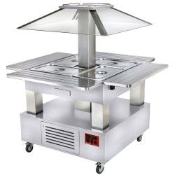 Ilot buffet chauffant, bain marie, coupole motorisé, 4x GN1/1-150 (Bois Blanc)