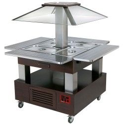 Ilot buffet chauffant, bain marie, coupole motorisé, 4x GN1/1-150 (Bois Wengé)