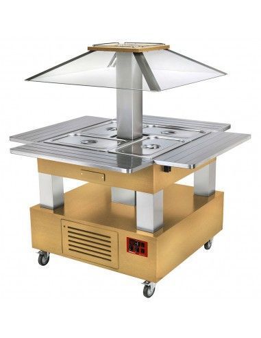 Ilot buffet chauffant,  bain marie, coupole motorisé, 4x GN1/1-150 (Bois Clair)