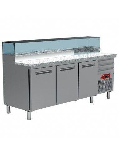 Table frigo pizzeria, 3 portes EN 600x400, 3 tiroirs neutres EN 600x400, structure réfrigérée 8x GN 1/4