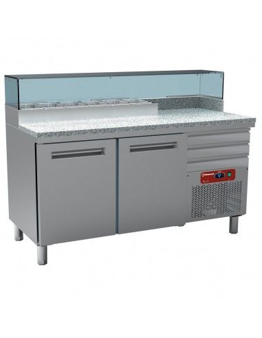 Table frigo pizzeria, 2 portes EN 600x400, 3 tiroirs neutres EN 600x400, structure réfrigérée 6x GN 1/4