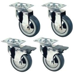 Kit de 4 roues pivotantes chromées Ø 100 pour tables armoires, 2 avec freins