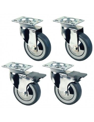Kit de 4 roues pivotantes chromées Ø 100 pour tables armoires, 2 avec freins