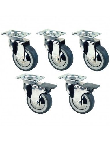 Kit de 5 roues pivotantes chromées Ø 100 pour tables armoires, 2 avec freins